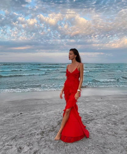 Robe du Soir Évasée avec Ruches et Bretelles Fines