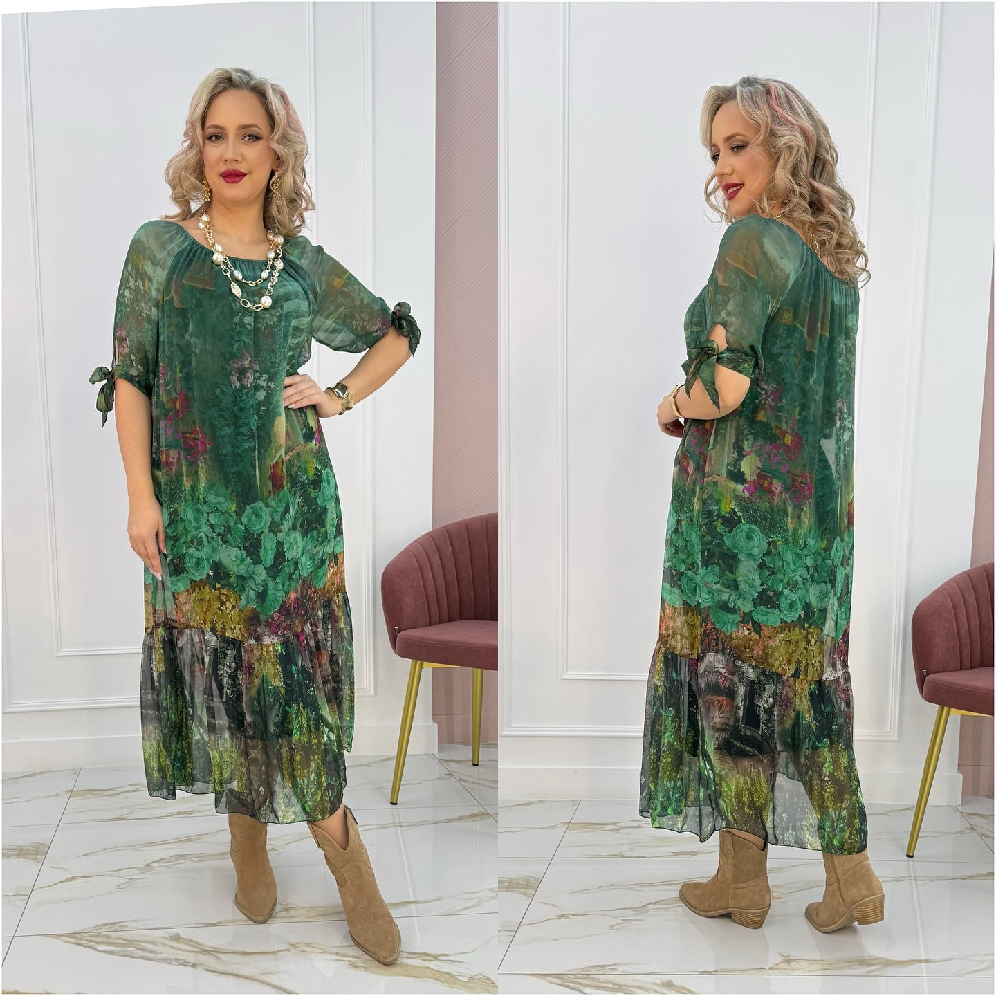 Robe longue Femme Fluide Imprimé Floral Manches Mi-longues - PanierRoyale