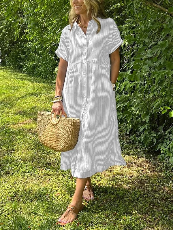 Robe maxi Femme Fluide Boutonnée Col Rond Manches Courtes