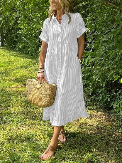 Robe Chemise Femme Longue Coton Boutons Poches Style Décontracté