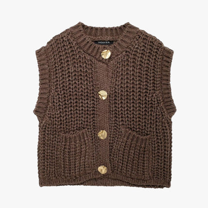 Gilet Tricoté Sans Manches avec Boutons Dorés