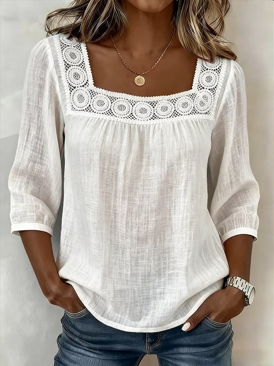 Blouse Femme Coton Lin Décolleté Carré Dentelle Raffinée - PanierRoyale