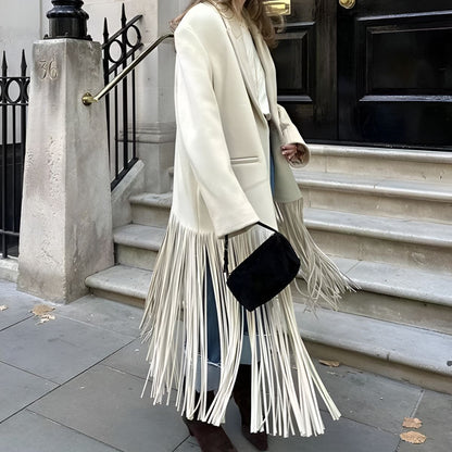 Manteau Élégant Blanc Crème avec Franges Raffinées