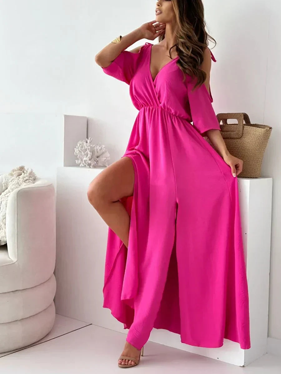 Robe Maxi Femme Mousseline Épaules Dénudées Fente Latérale