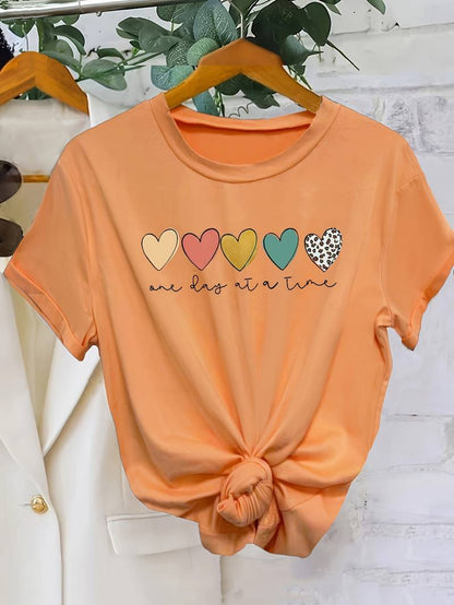 T-Shirt Femme Manches Courtes Imprimé Cœurs ColorésDécontracté
