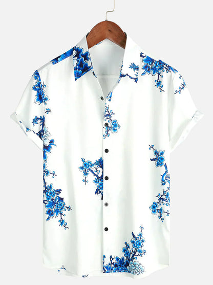 Chemise Homme Courte Manche Blanche Fleurs Été