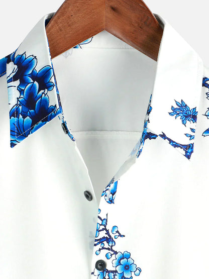 Chemise Homme Courte Manche Blanche Fleurs Été