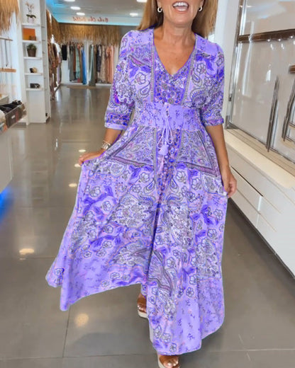 Robe maxi Femme Imprimé Col en V Taille Ajustable
