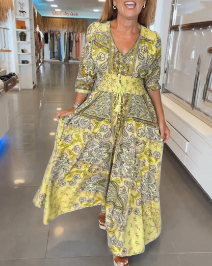 Robe maxi Femme Imprimé Col en V Taille Ajustable