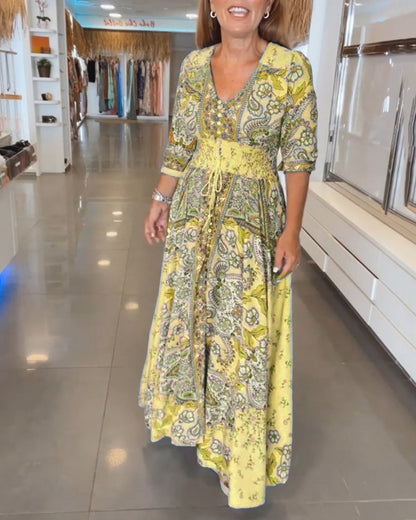 Robe maxi Femme Imprimé Col en V Taille Ajustable