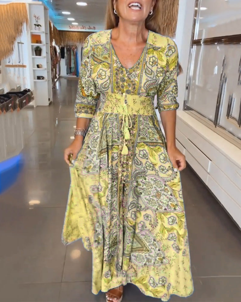 Robe maxi Femme Imprimé Col en V Taille Ajustable