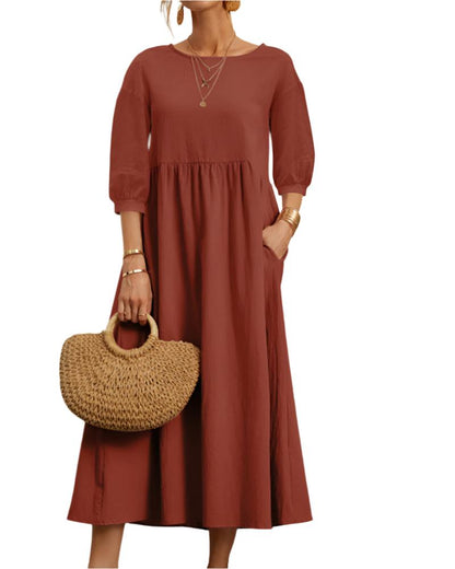 Robe Femme Été en Coton Léger, Col Rond et Manches Courtes