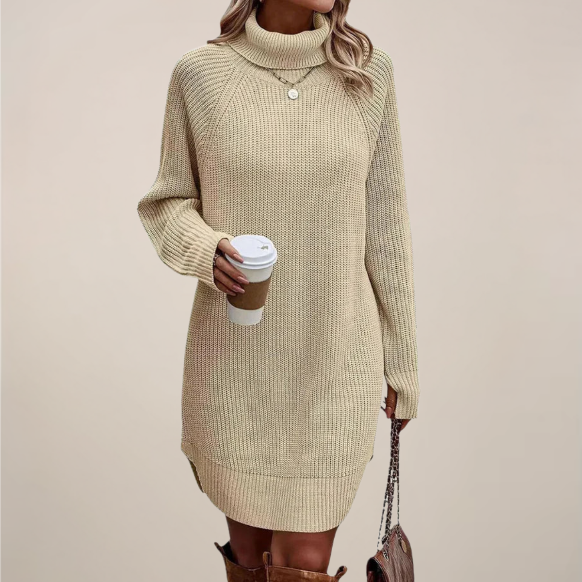 Robe Col Roulé Femme Manches Longues