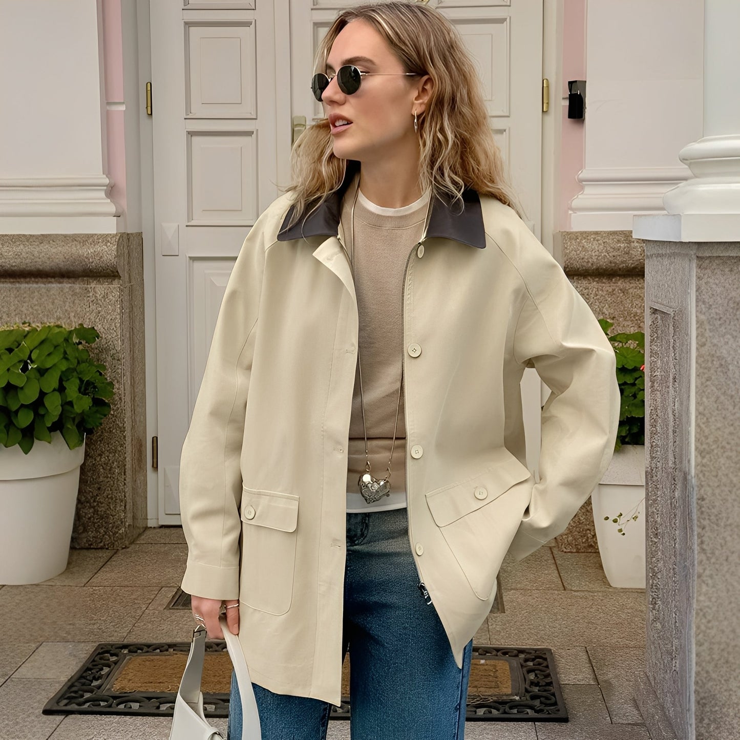 Veste Femme Élégante avec Col Polo et Détails Contraste - PanierRoyale