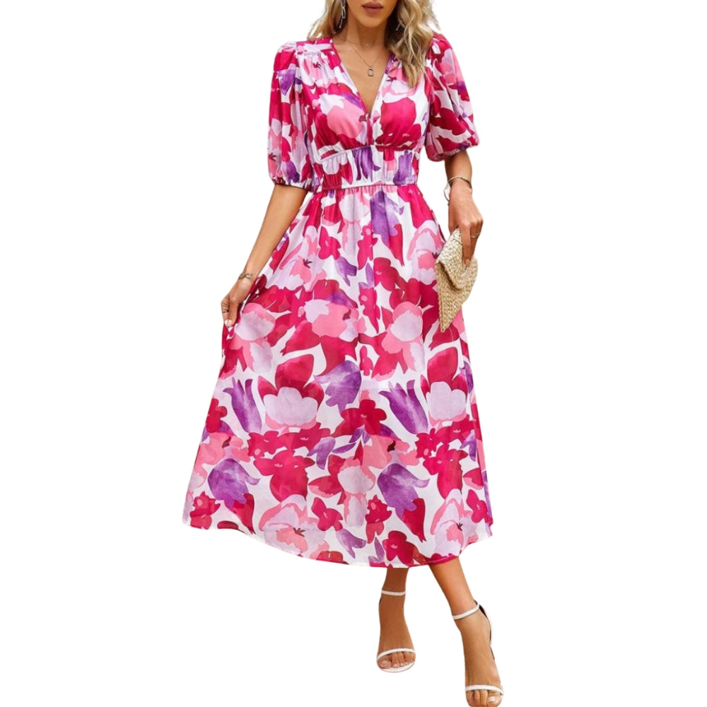 Robe Été Floral Col V avec Manches Courtes