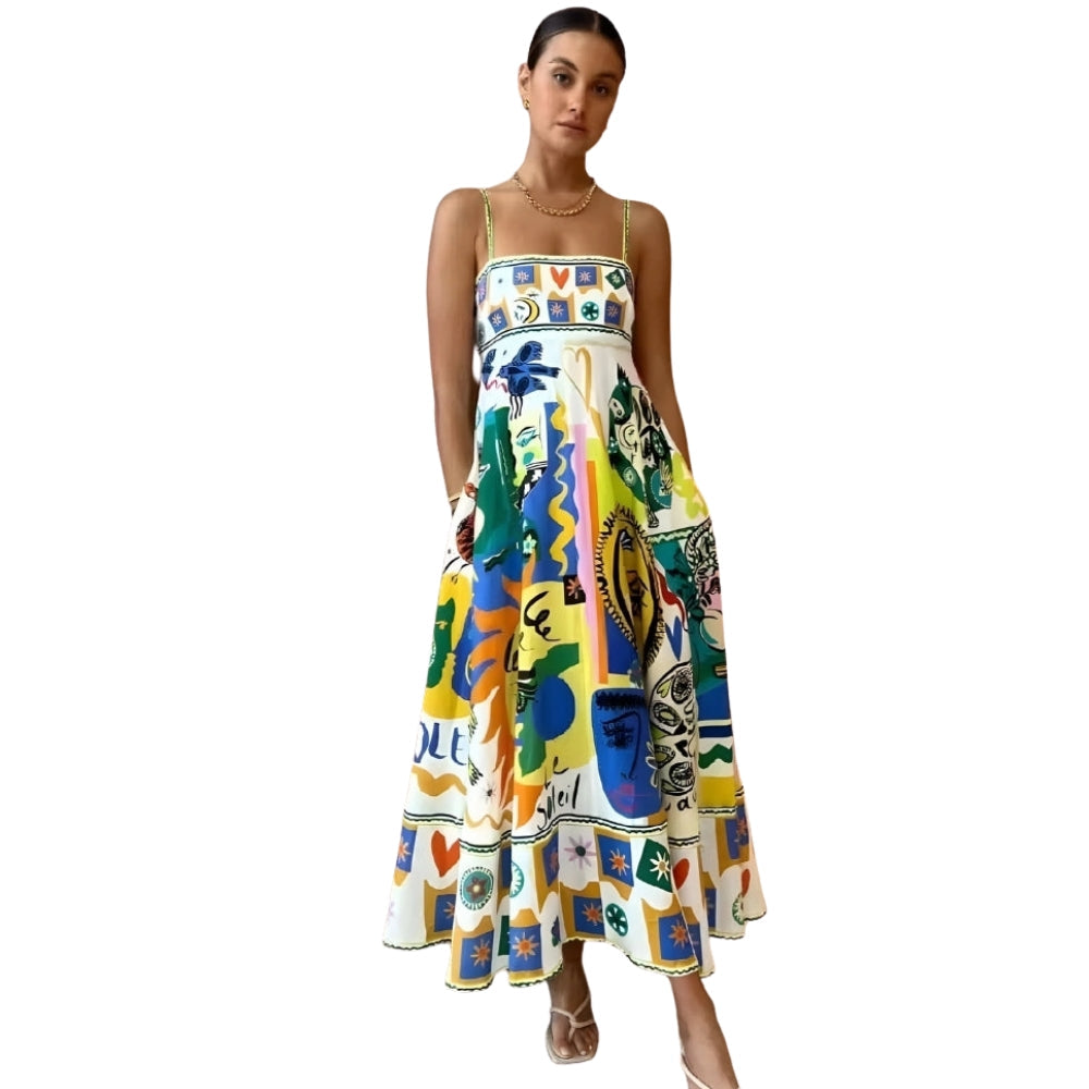 Robe Été Sans Manches Fleurs Colorées Décolleté Profond - PanierRoyale