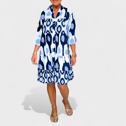 Robe Femme Ample Col V Boutonnée Manches Longues Imprimé Géométrique