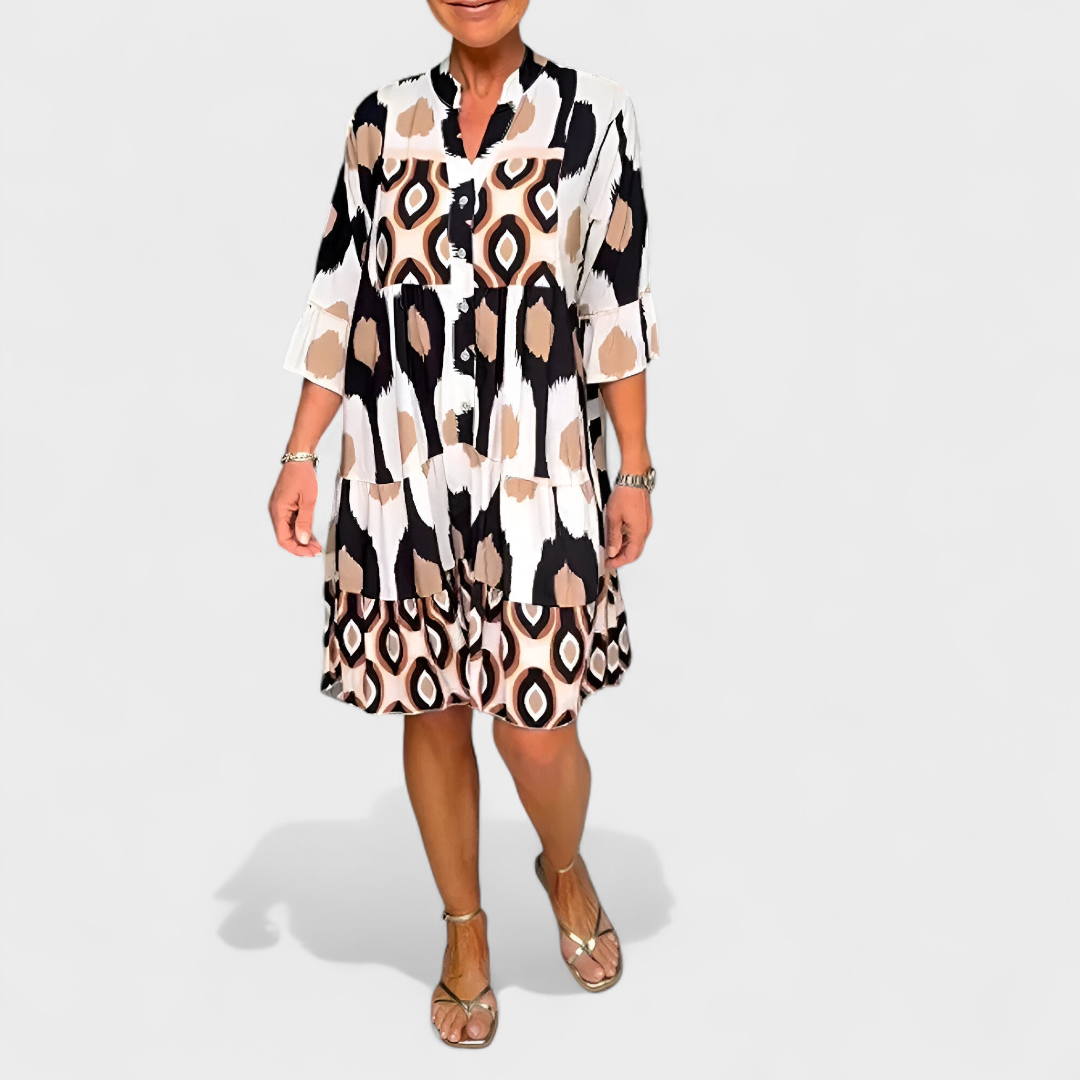 Robe Femme Ample Col V Boutonnée Manches Longues Imprimé Géométrique - PanierRoyale