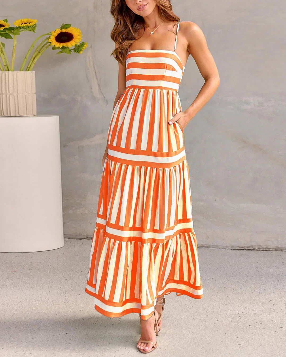 Robe Longue Femme Bretelles Coupe Fluide Rayée