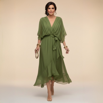 Robe Femme Chiffon Fluide Col en V Ceinturée - PanierRoyale
