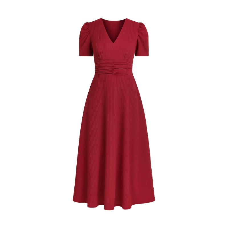 Robe Chic Mi-Longue Col V Manches Bouffantes Femmes