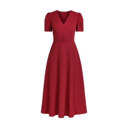 Robe Chic Mi-Longue Col V Manches Bouffantes Femmes