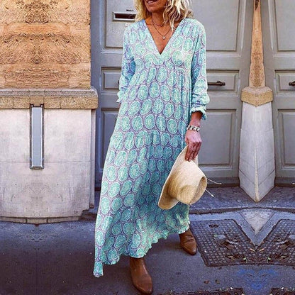 Robe Longue Imprimée Chic avec Décolleté en V et Coupe Détendue