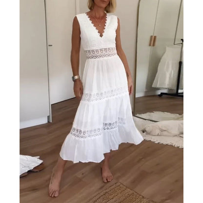 Robe midi Femme Dentelle Col en V Sans Manches Fluide