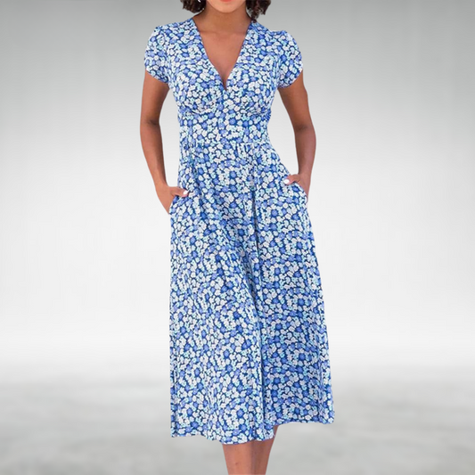 Robe Fleurs Col V Mi-Longue avec Poches - BerlinGlamour