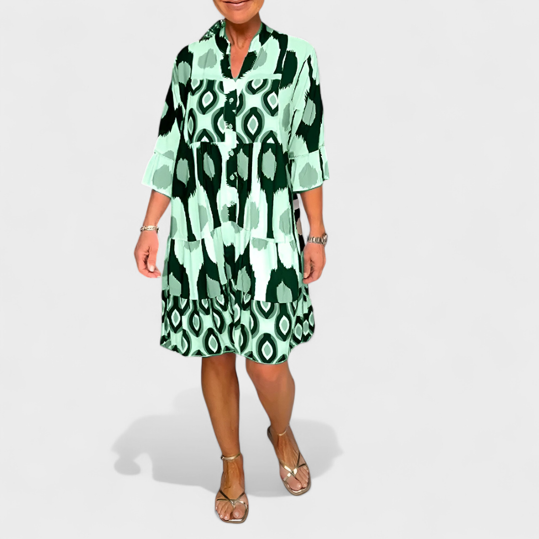Robe Femme Ample Col V Boutonnée Manches Longues Imprimé Géométrique