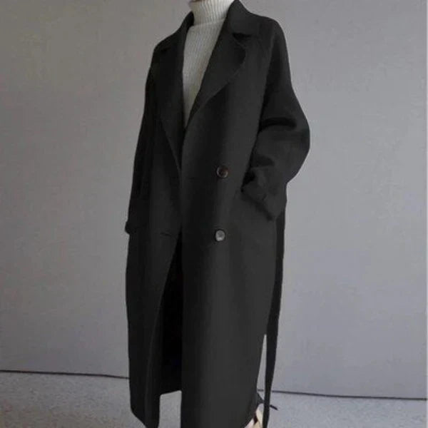 Manteau Long Femme Laine Mélangée Ceinturé Coupe Ajustée