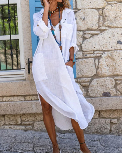 Robe en Coton Longue Manches avec Poches Féminine