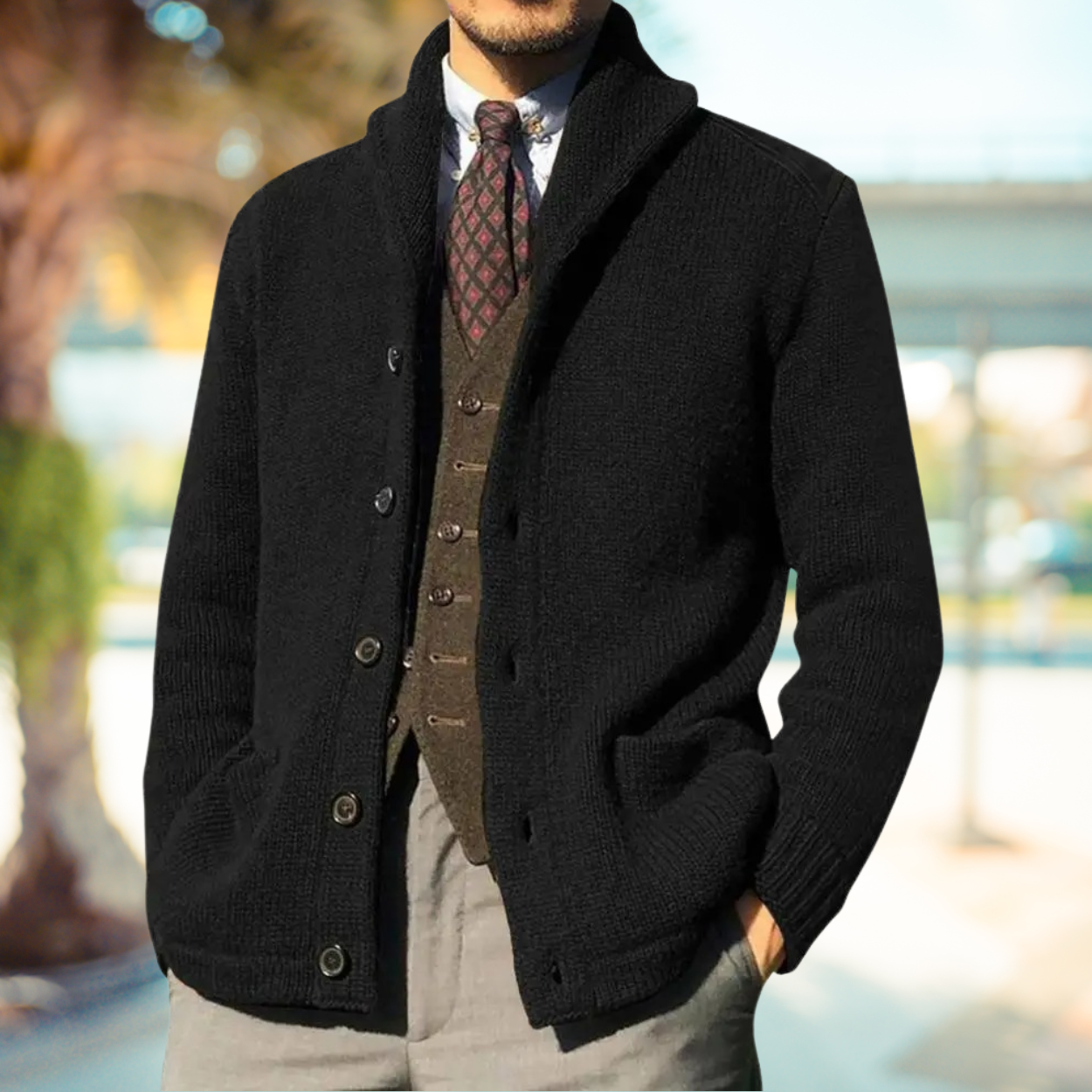 Cardigan Homme Hiver Chaud avec Poche et Manches Longues