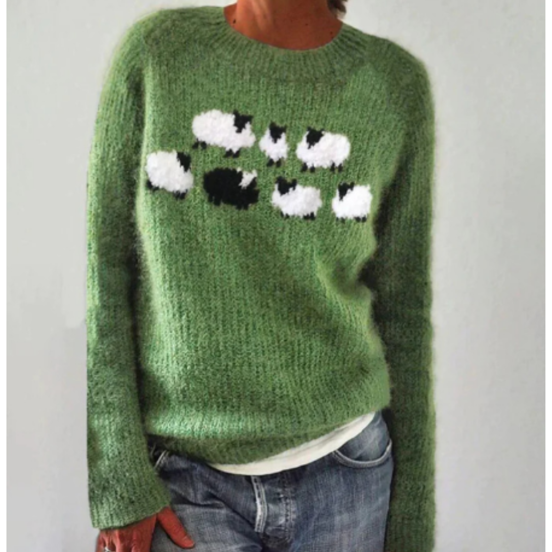 Pull Femme Laine Verte Hiver Doux avec Moutons - PanierRoyale