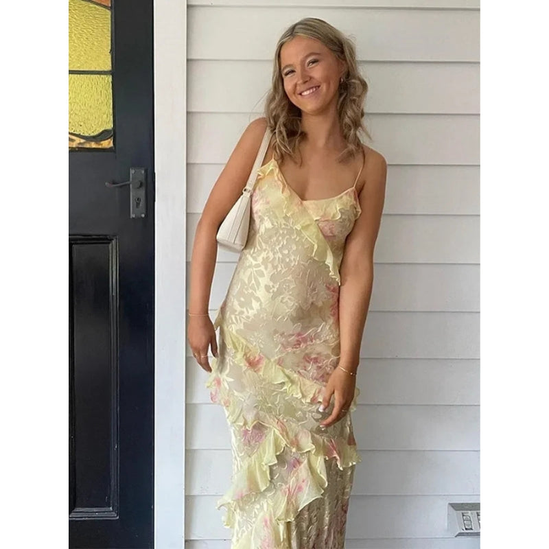 Robe Longue Élégante avec Jupe Floue et Bretelles Régulables