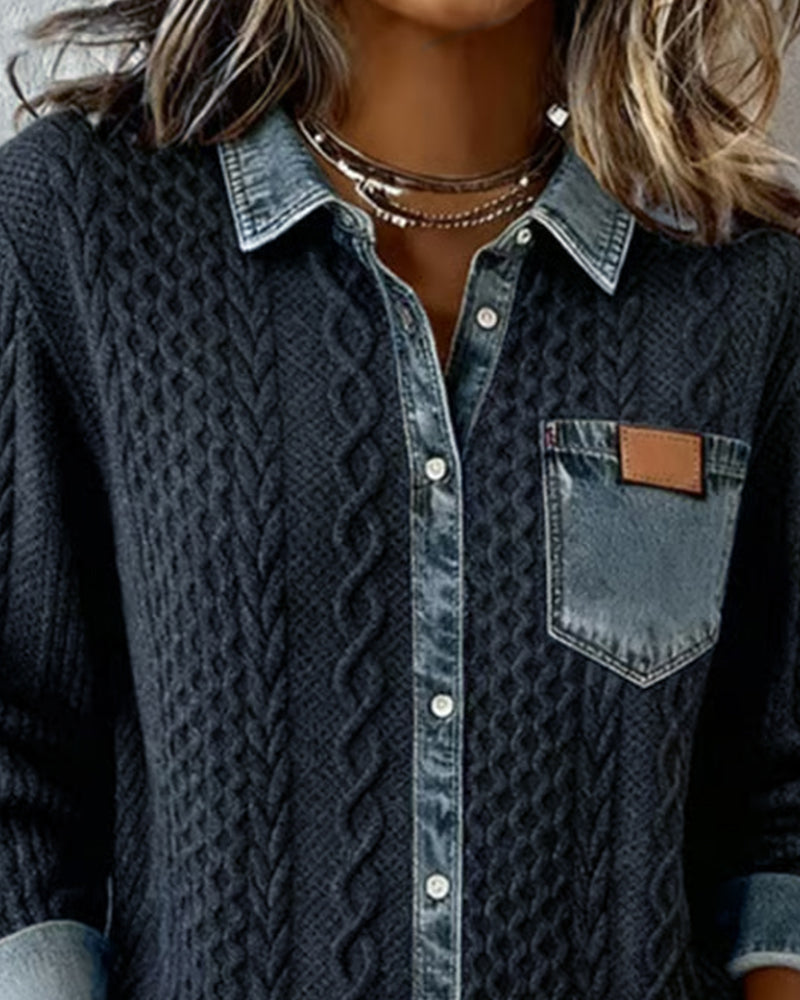 Chemise Femme Maille Torsadée Détails Denim Coupe Confortable