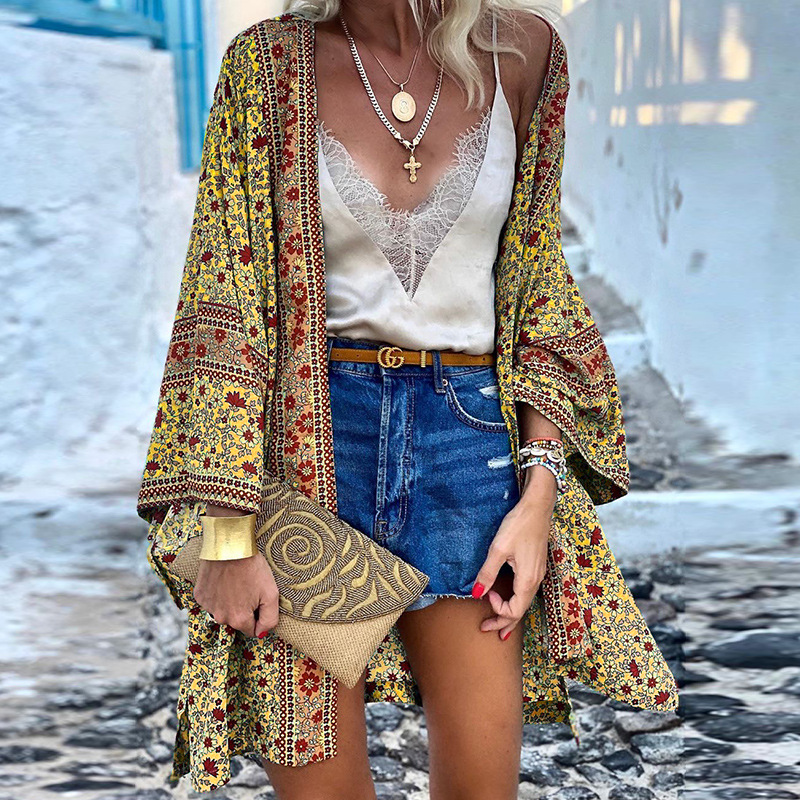 Kimono Femme Élégant Fleuri Manches Courtes