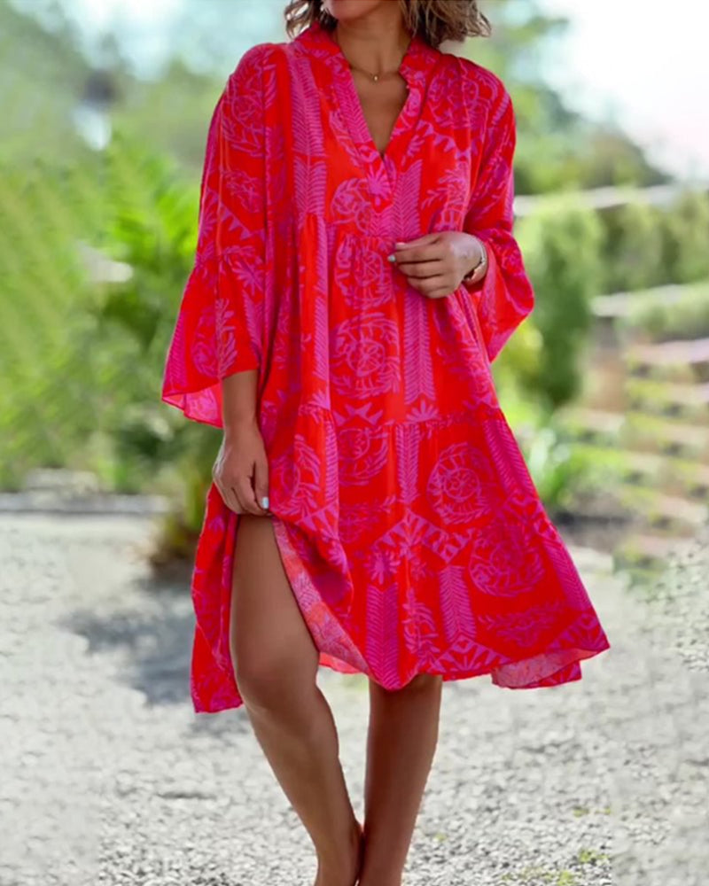 Robe Femme Élégante Manches Courtes Motif Géométrique Taille Décontractée - PanierRoyale