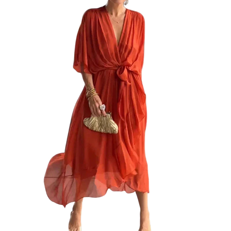 Robe Femme Élégante Manches Longues Col V
