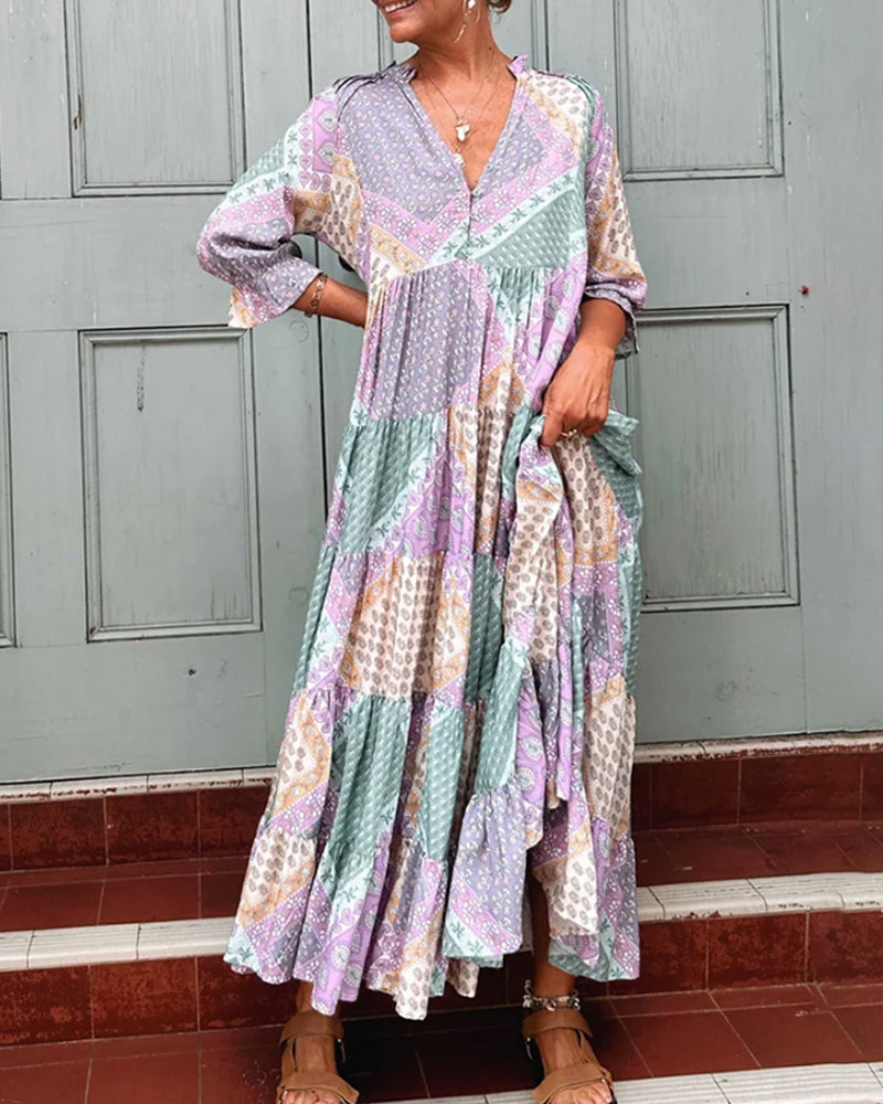 Robe Maxi Femme Imprimé Patchwork Coupe Ample Col V Manches Longues