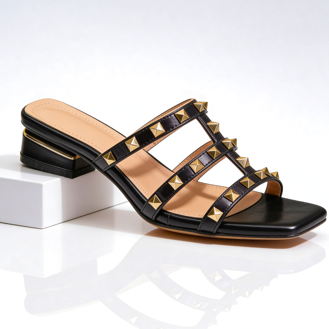 Sandales Femme Talon Bloc Bout Carré Cloutées Style Moderne - PanierRoyale