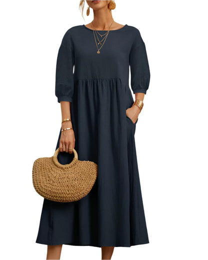 Robe Femme Été en Coton Léger, Col Rond et Manches Courtes