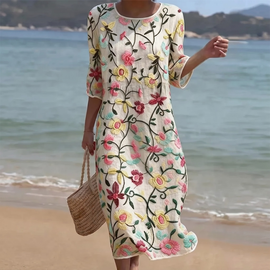 Robe midi Femme Broderie Florale Coupe Fluide - PanierRoyale