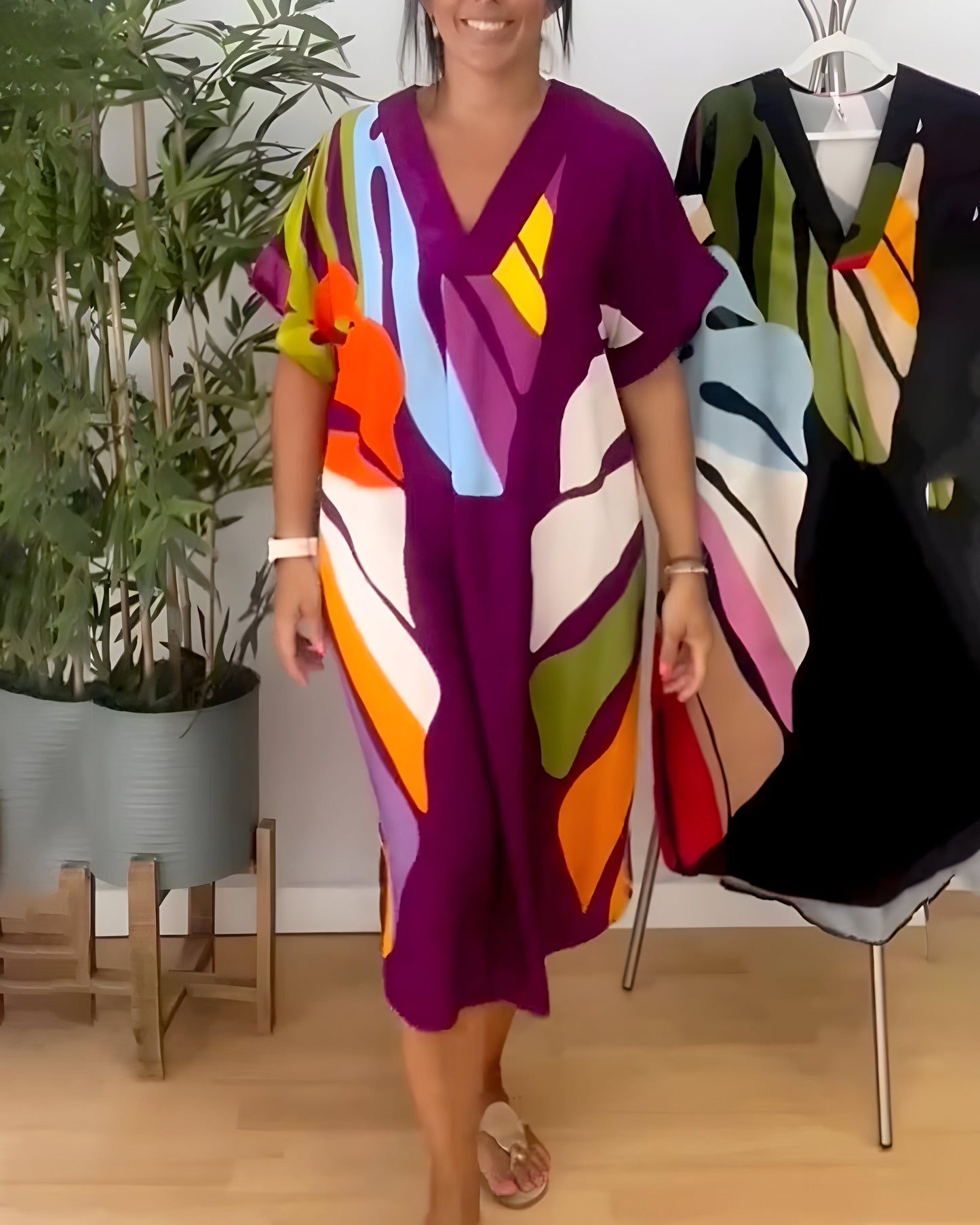 Robe Femme Imprimé Feuillage Coupe Ample Col V