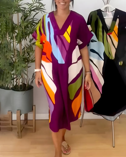 Robe Femme Imprimé Feuillage Coupe Ample Col V