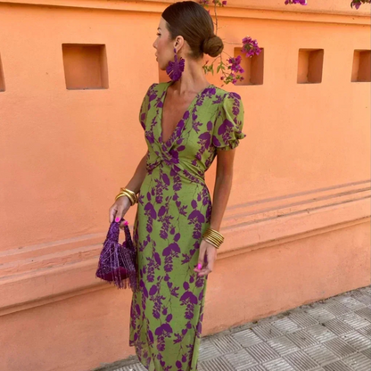 Robe longue Femme Fluide Col en V Croisé Manches Courtes