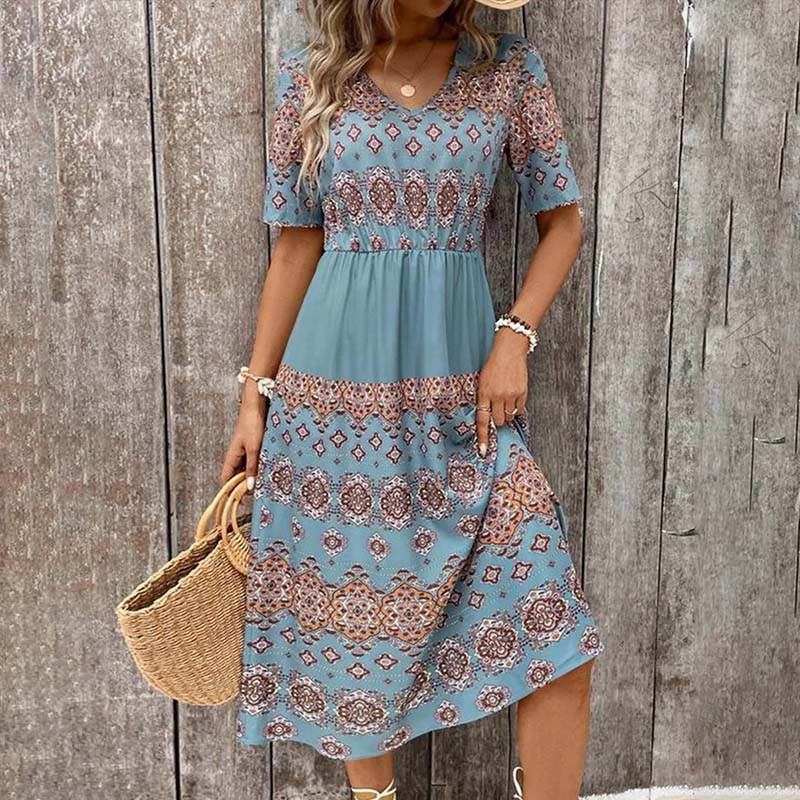 Robe Féminine Chic – Imprimé Graphique, Col en V et Manches Bouffantes Élégantes - PanierRoyale