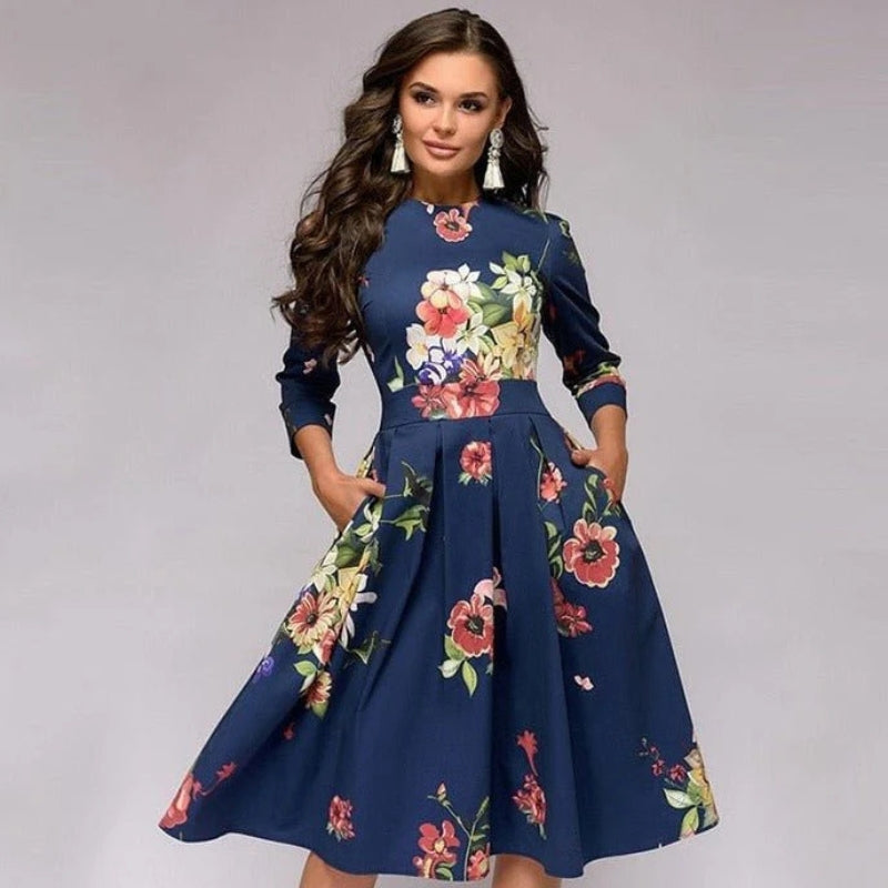 Robe Femme Élégante Mi-Longue avec Poches Latérales