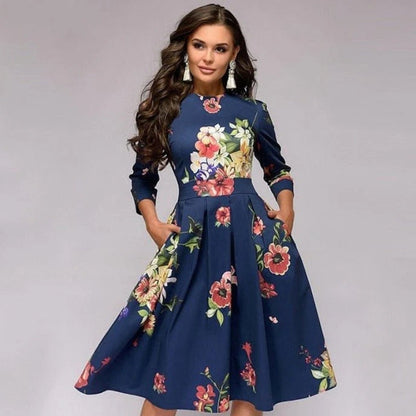 Robe Femme Élégante Mi-Longue avec Poches Latérales