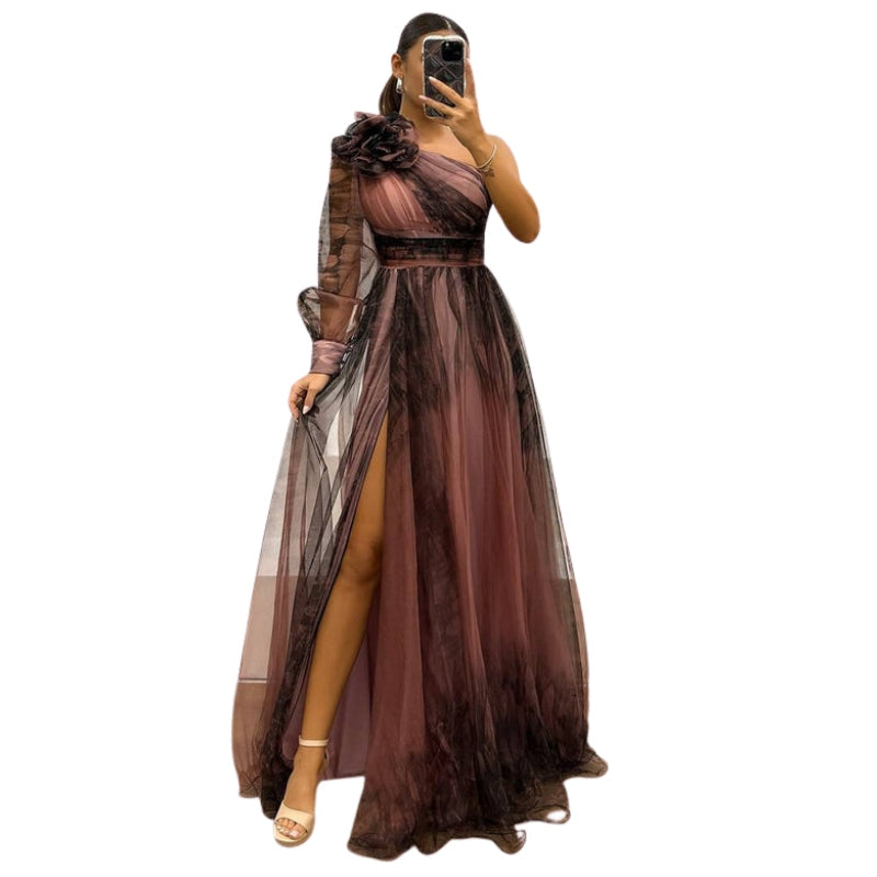 Robe Soirée Une Épaule Manches Longues avec Fente